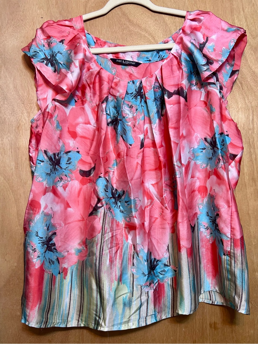 Zac & Rachel Coral Pink and Blue Floral Cap-Sleeve Blouse